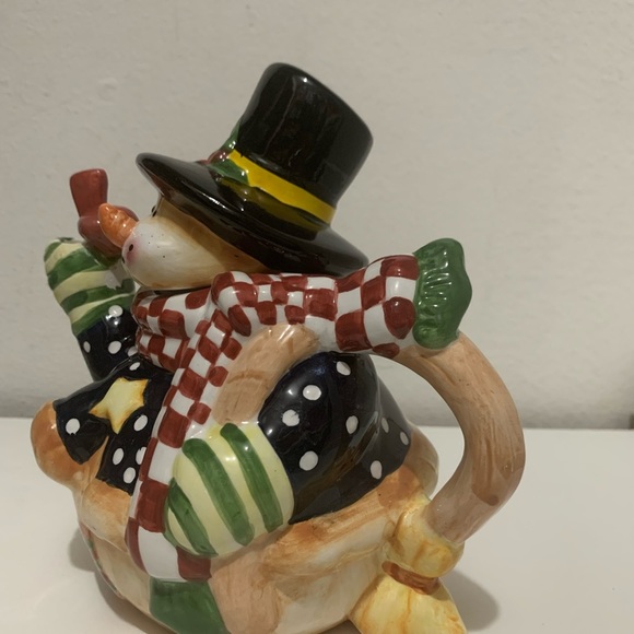 Vintage SNOWMAN Royal Seasons Teapot Red&White Checkered Scarf Red RobinBird - Picture 13 of 13